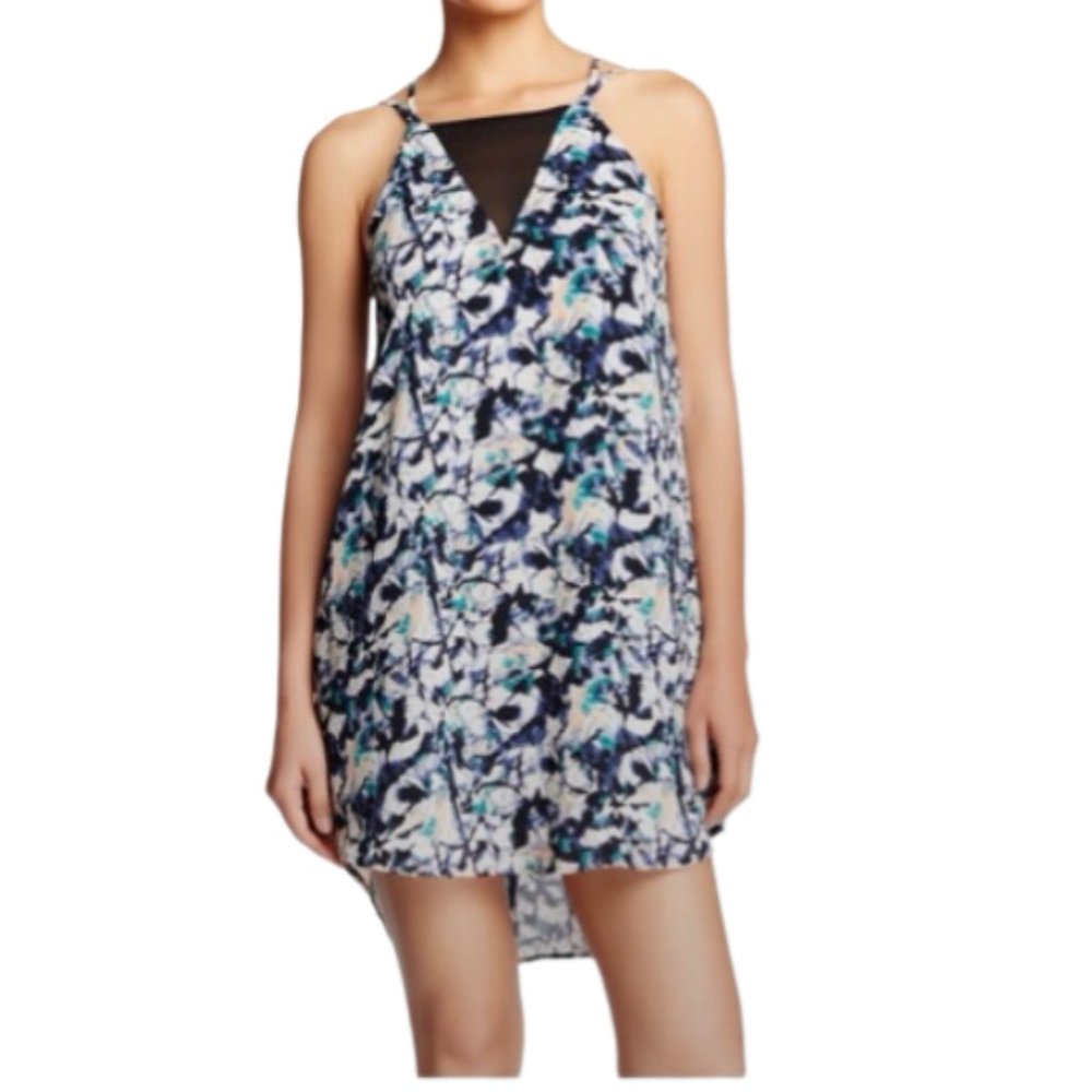 ASTR Strappy Shift Mini Dress w/ Mesh Neckline